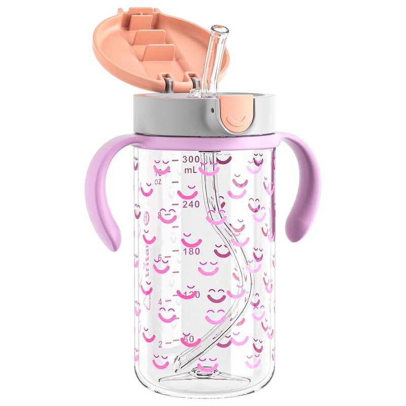 evorie Tritan Spill Proof Toddler Straw Sippy Cup, 10 oz for Baby and Toddlers 1-3 Years Old, No Spill Straw Water Bottle with Removable Handles, Ideal for School, BPA-Free, Smiles - Image 1